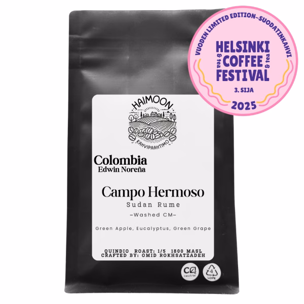 Campo Hermoso Sudan Rume Washed CM Limited Edition | 3. sija Helsinki Coffee Festival 2025 Campo Hermoso Sudan Rume Washed CM – Limited Edition 2025 -suodatinkahvi purkissa, Helsinki Coffee Festivalin pronssikahvi