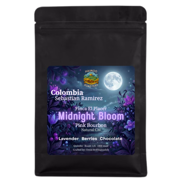 Colombia El Placer Midnight Bloom Pink Bourbon erikoiskahvi, laventelin, marjojen ja suklaan vivahteinen suodatinkahvi Haimoon Kahvipaahtimolta.