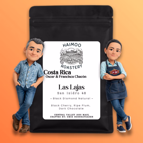 Costa Rica Las Lajas - Black Diamond Natural Costa Rica Las Lajas Finca Los Angeles -erikoiskahvi, jonka makuprofiilissa on mustaa kirsikkaa, luumua, colaa ja tummaa suklaata. Black Diamond Natural -prosessoidun kahvin tyylikäs tuotepakkaus.