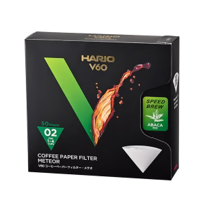 Hario V60 Meteor suodatinpaperit 02 (50 kpl) pakkauksessaan valkoisella taustalla